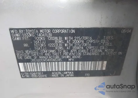 2004 Toyota Rav4 из США, поврежденный, VIN JTEGD20V040046245